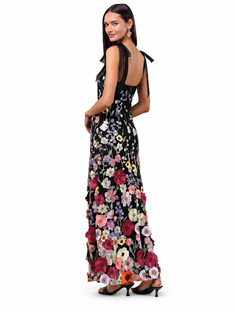 Lulus ✨ Thriving Poise Black 3D Floral Embroidered Tie-Strap Maxi Dress - Picture 16 of 16